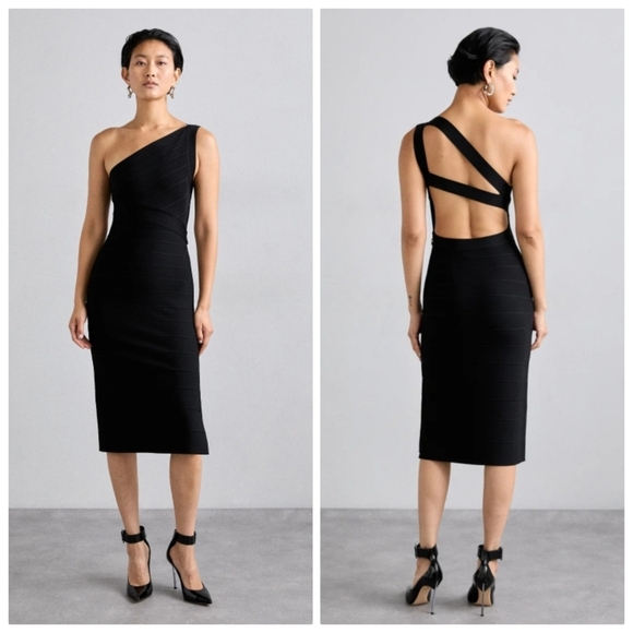 New Hervé Léger The Bella Asymmetrical Black Cocktail Party Midi Dress Small NWT - Picture 3 of 14